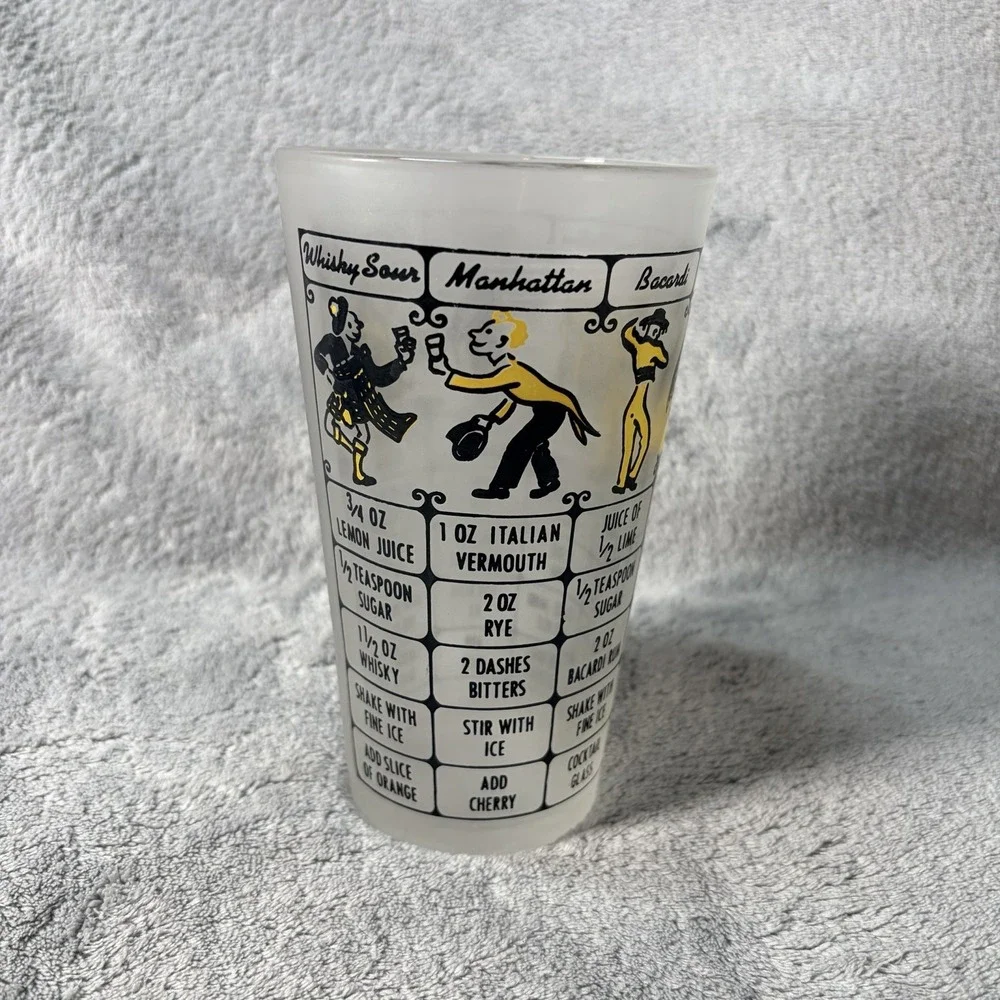 Vintage Federal Glass Frosted Cocktail Mixed Drink Bartender's Recipe Mix Shaker